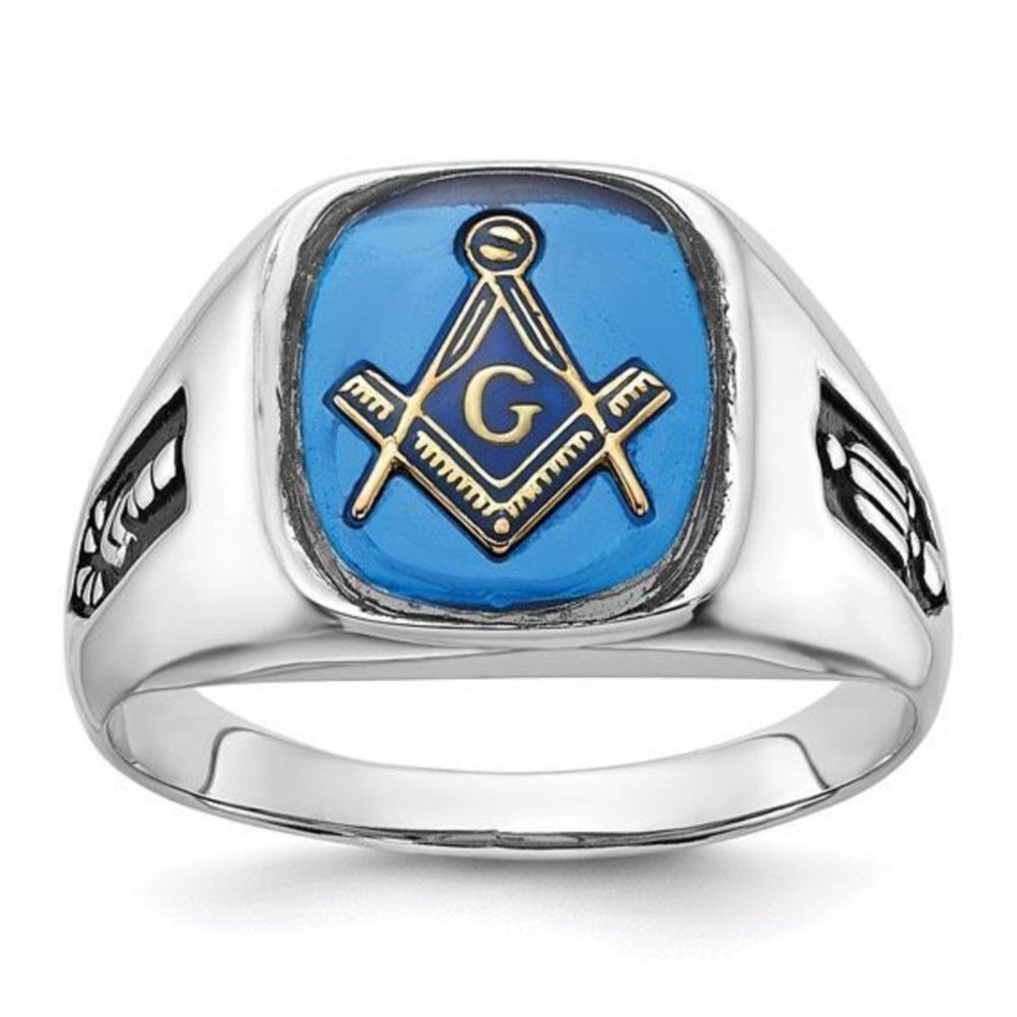 10k White Gold Men's Black Enamel and Imitation Blue Spinel Masonic Ring: