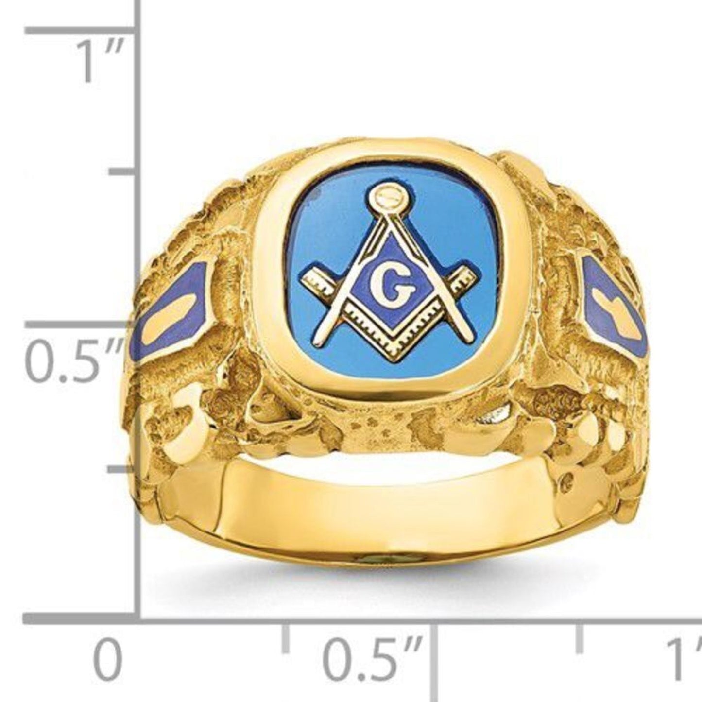 10K Polished and Textured Blue Enamel Created Sapphire Masonic Master Men's Ring