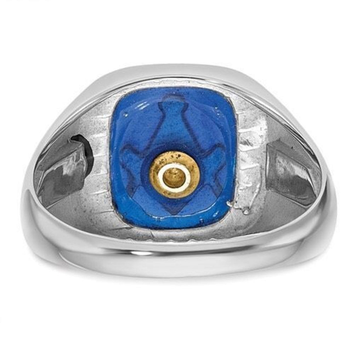 10k White Gold Men's Black Enamel and Imitation Blue Spinel Masonic Ring: