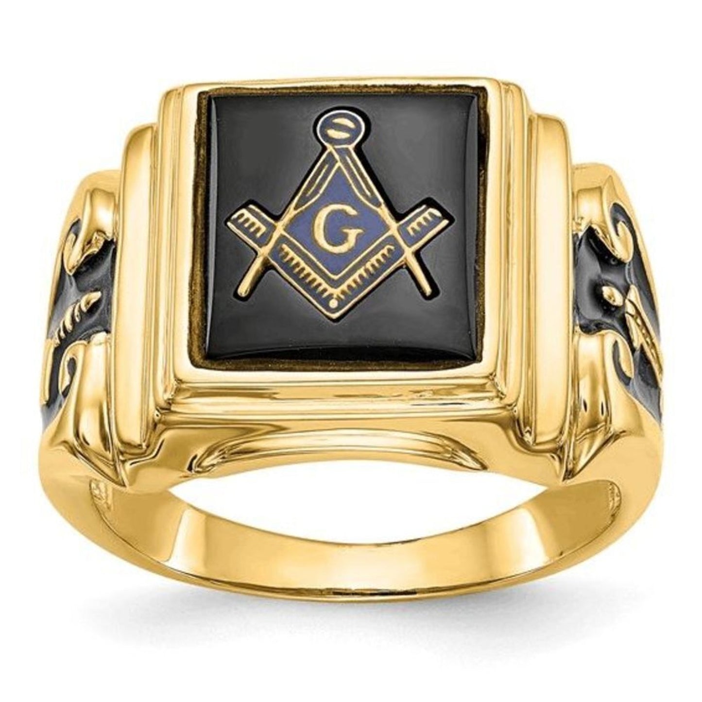 New 10k Men's Polished and Textured with Black Enamel and Onyx Masonic Ring