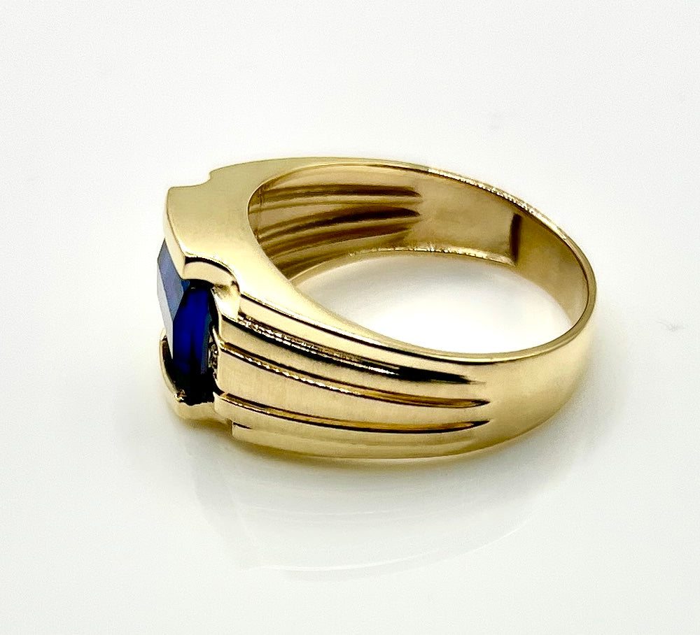 10k Gold Men's Created Sapphire and Diamond Ring