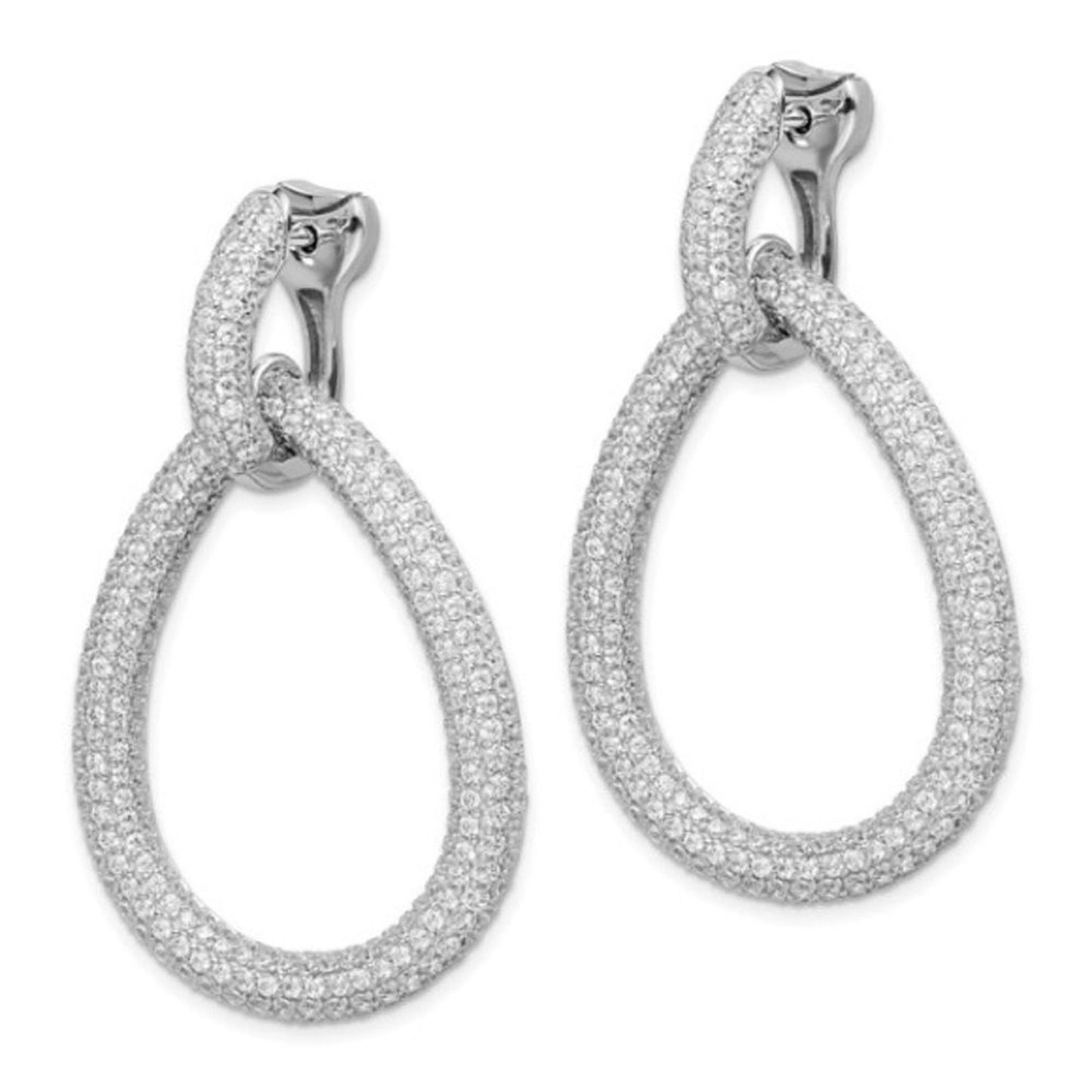 Sterling Silver Rhodium-plated 716 Stone Pavé CZ Hinged Teardrop Hoop Earrings