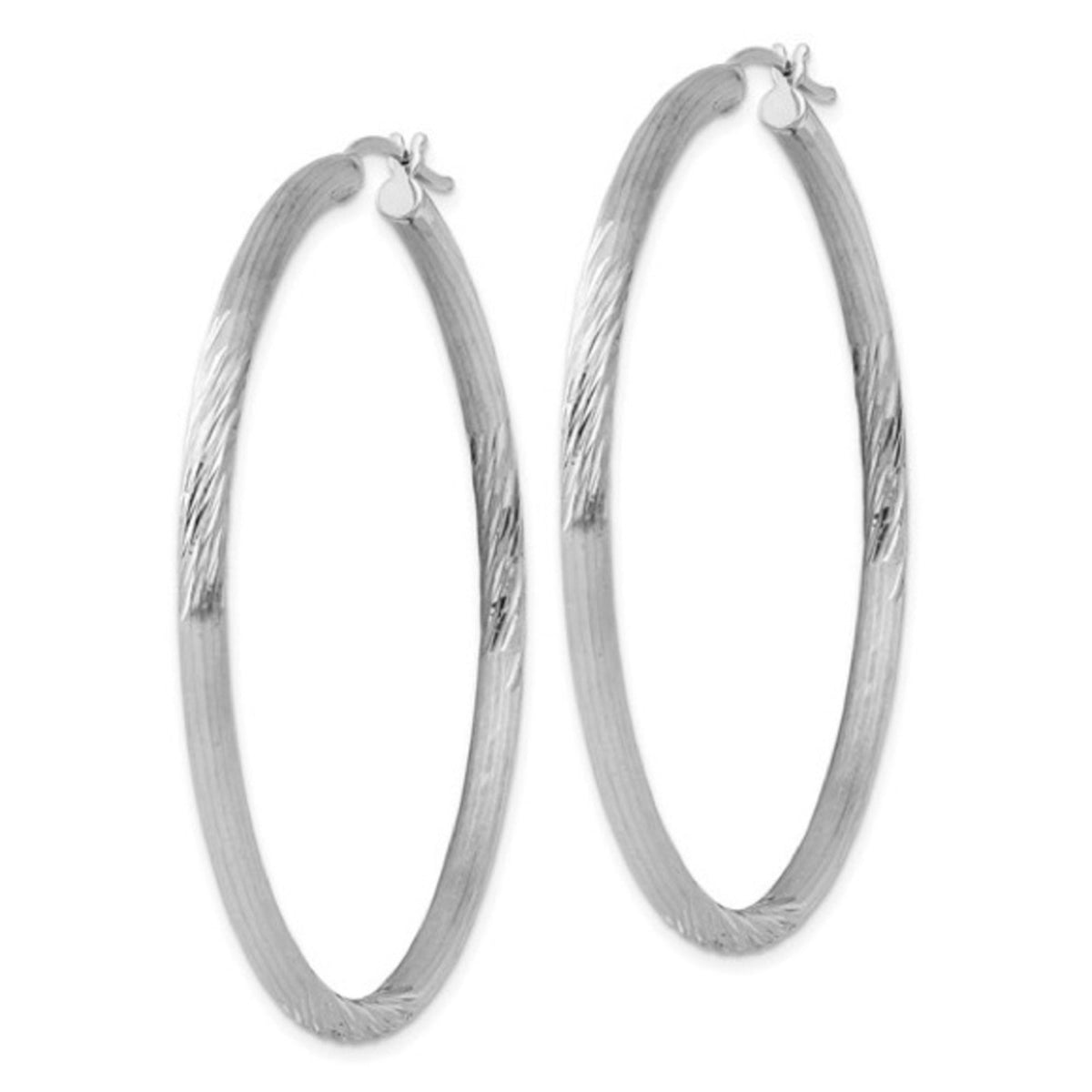 Sterling Silver Rhodium-Plated 3mm Polished & Satin Diamond-Cut Hoop Earrings
