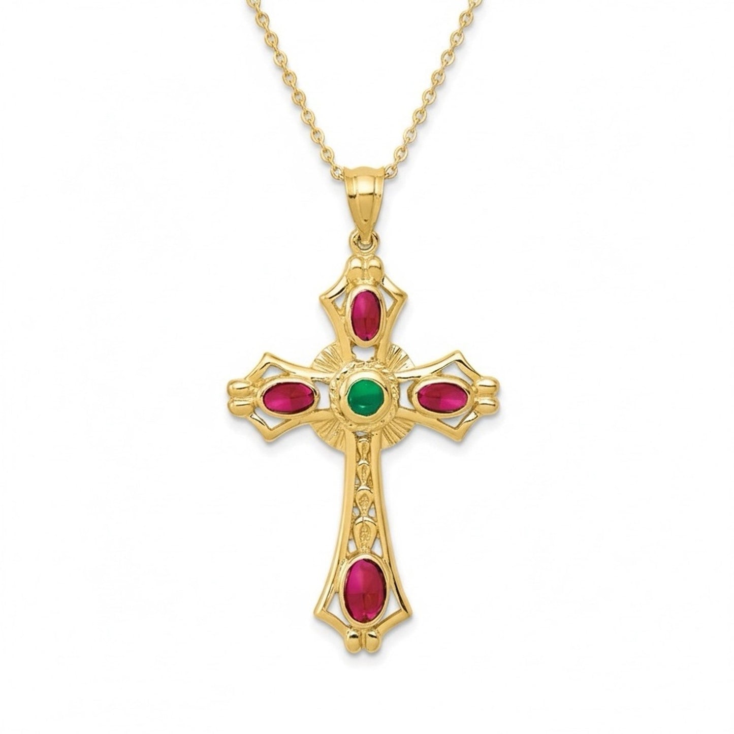 Vintage  14k Yellow Gold Cross with Rubies and Emerald
