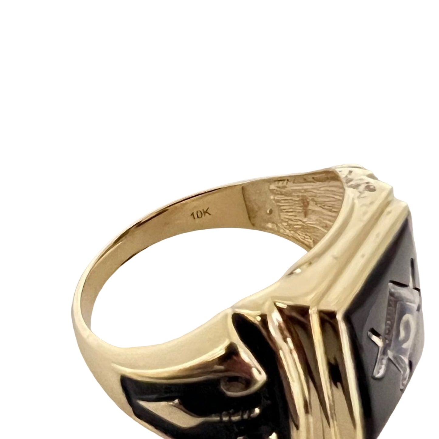 New 10k Men's Polished and Textured with Black Enamel and Onyx Masonic Ring