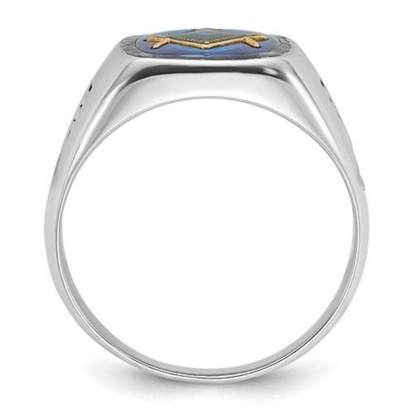 10k White Gold Men's Black Enamel and Imitation Blue Spinel Masonic Ring: