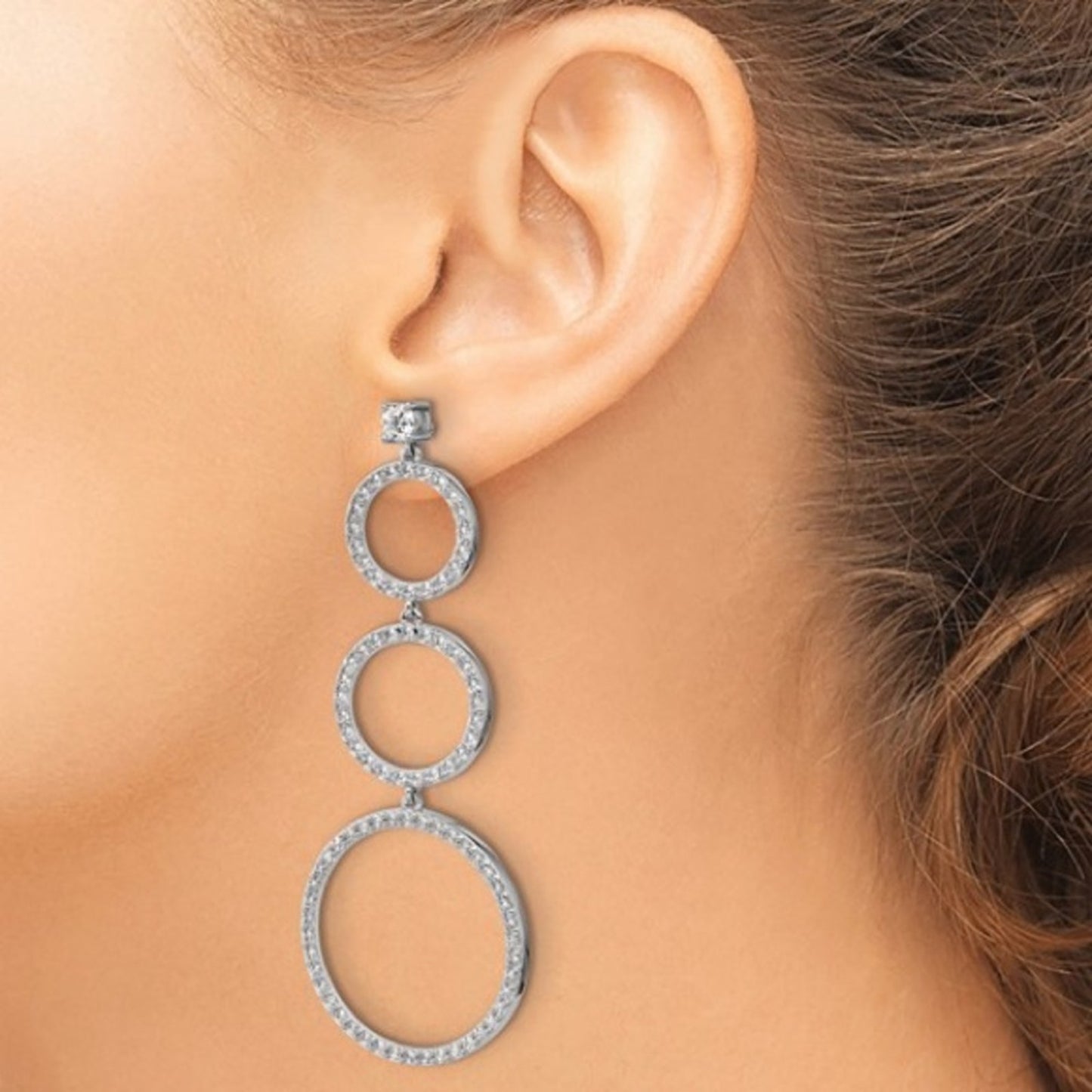 Cheryl M Sterling Silver Rhodium-Plated Three CZ Circles Dangle Earrings