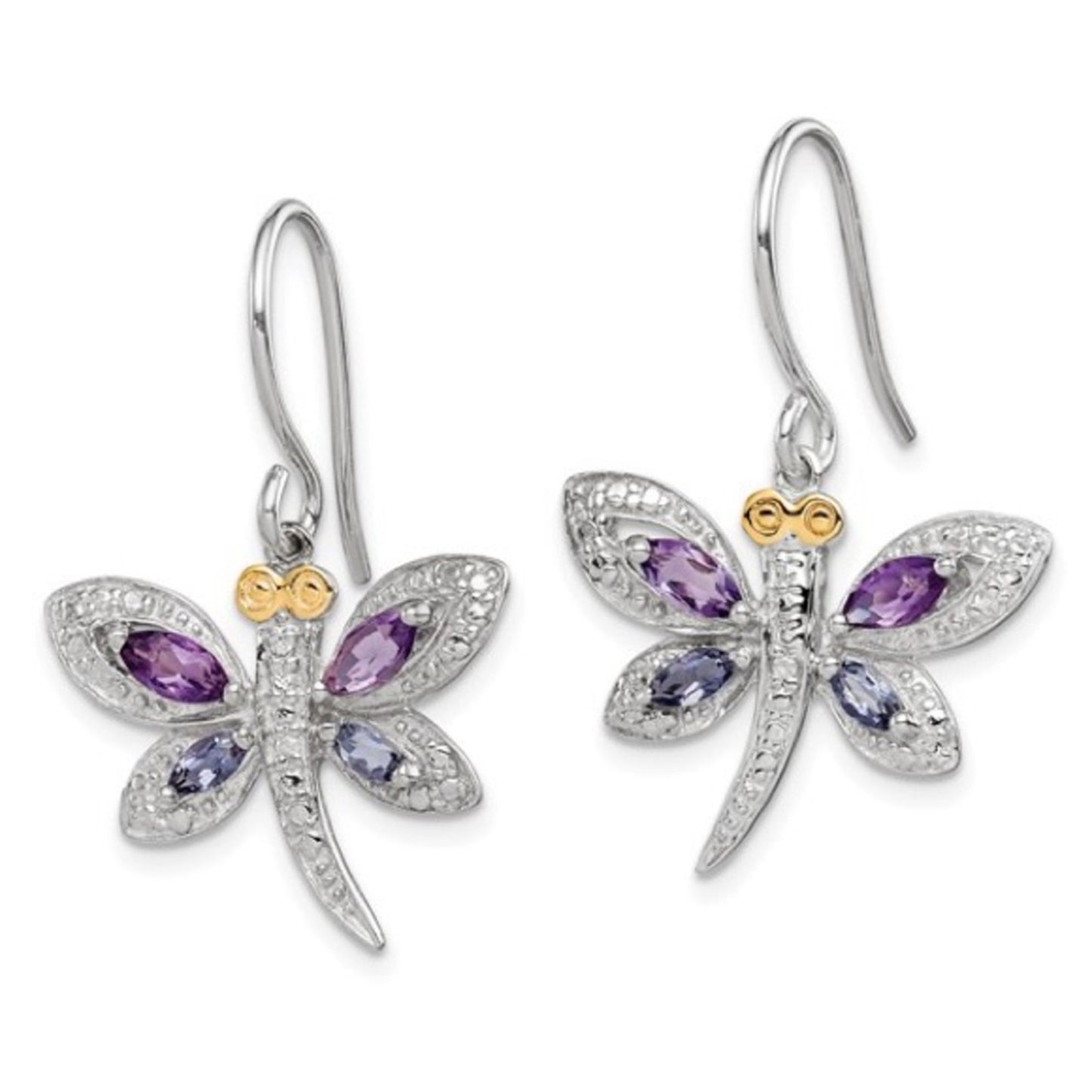 Silver & 14k Rhodium-Plated Amethyst, Iolite & Diamond Dragonfly Earrings