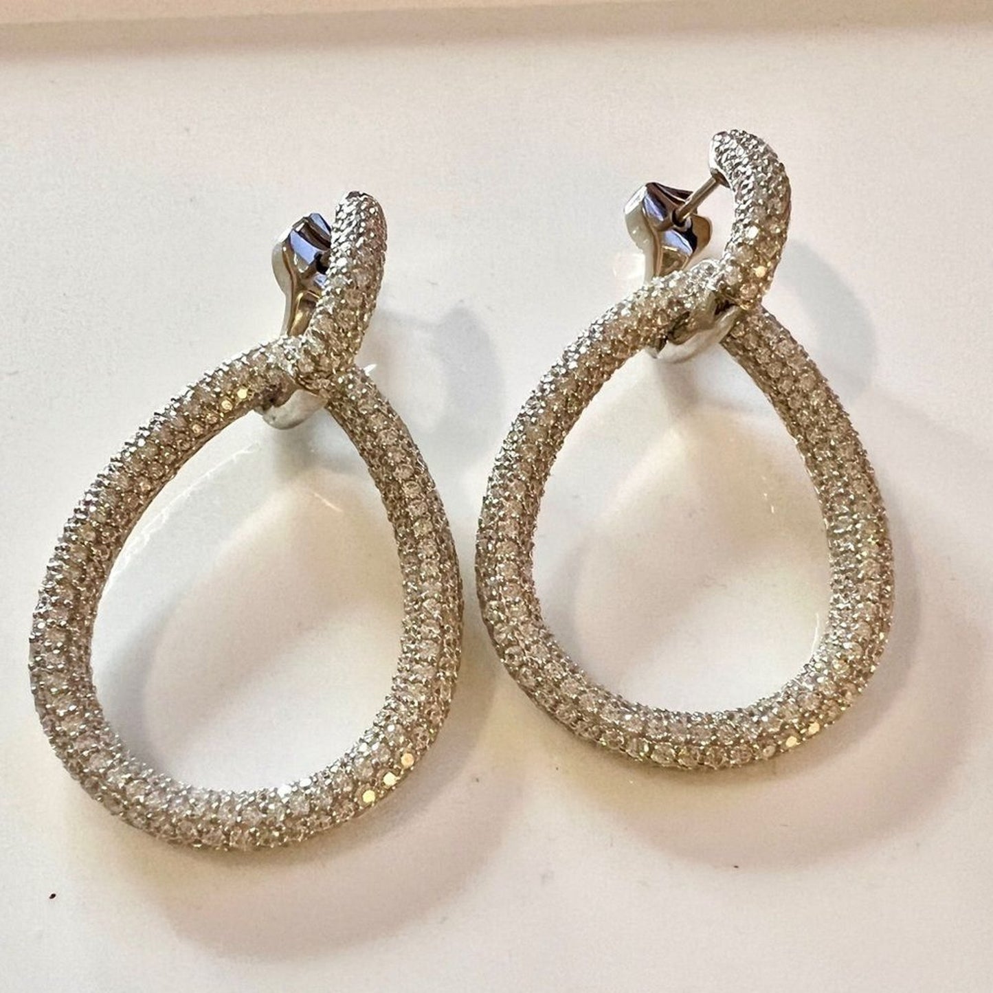 Sterling Silver Rhodium-plated 716 Stone Pavé CZ Hinged Teardrop Hoop Earrings