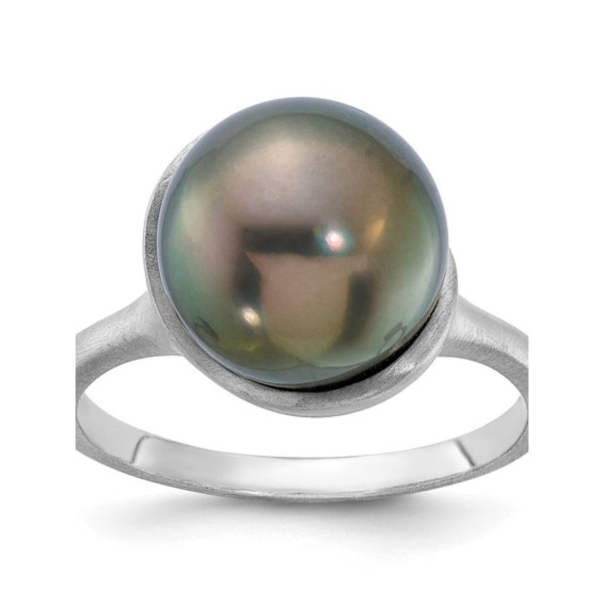 Modern Elegance: 14K White Gold Brushed Black Tahitian Pearl Ring