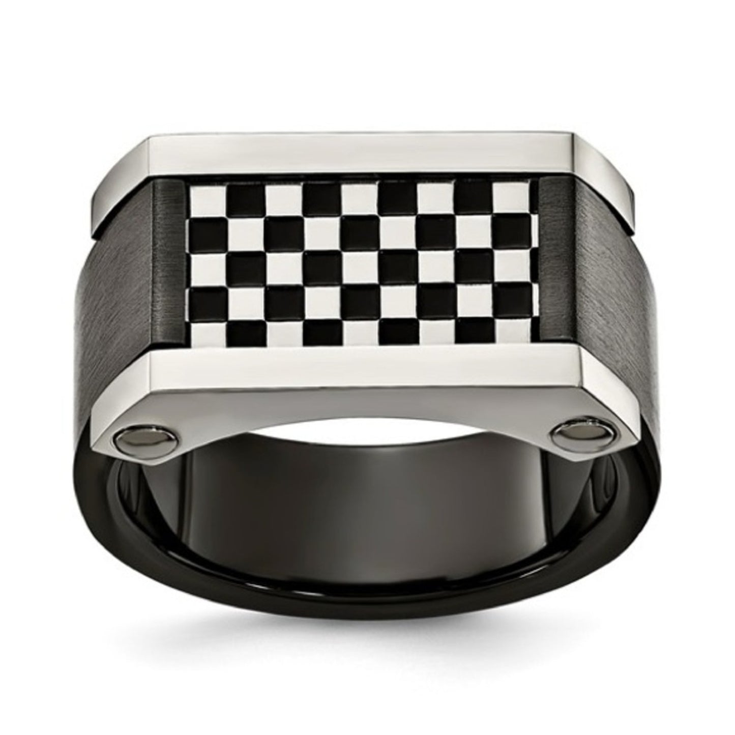 Stainless Steel 11.5mm Checkerboard Signet Ring – Size 10