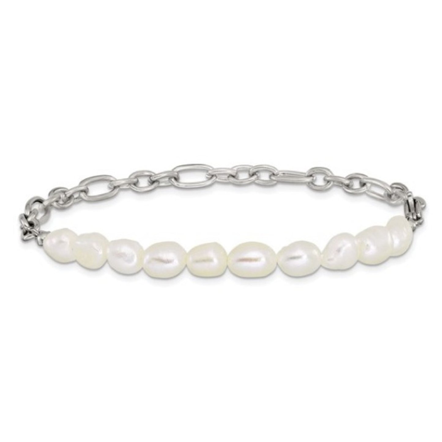 Chisel Stainless Steel Polished Half White Freshwater Cultured Pearl Bracelet