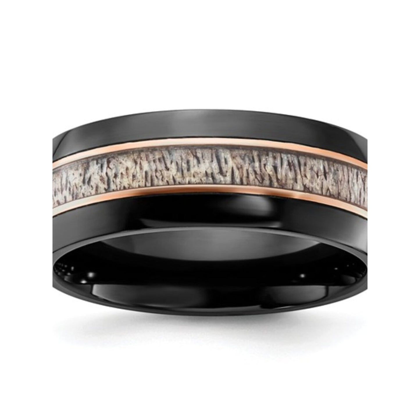 Chisel Black Zirconium Ring 8mm Band Rose Gold Accents & Real Antler Inlay