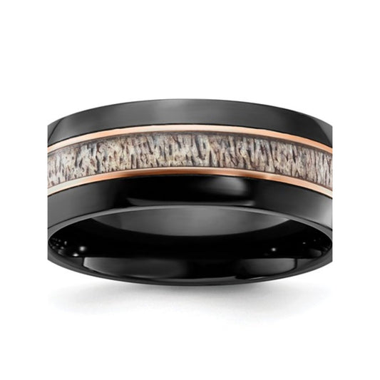 Chisel Black Zirconium Ring 8mm Band Rose Gold Accents & Real Antler Inlay