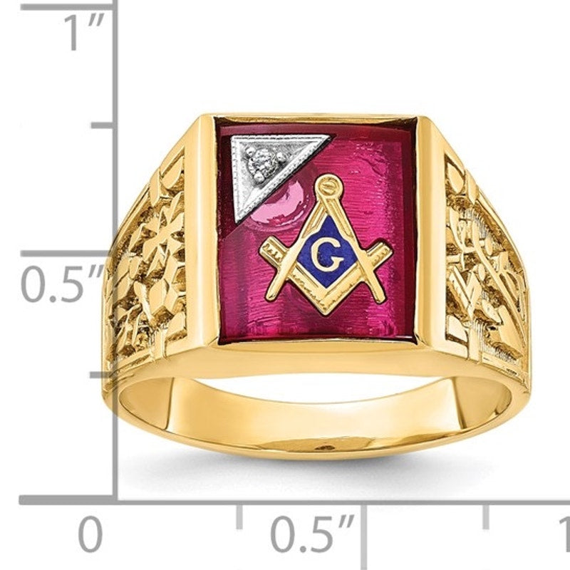 Men's 14k Gold Lab Created Ruby and Diamond Blue Lodge Master Masonic Ring