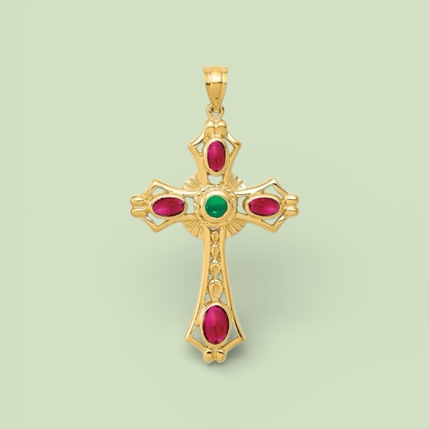 Vintage  14k Yellow Gold Cross with Rubies and Emerald