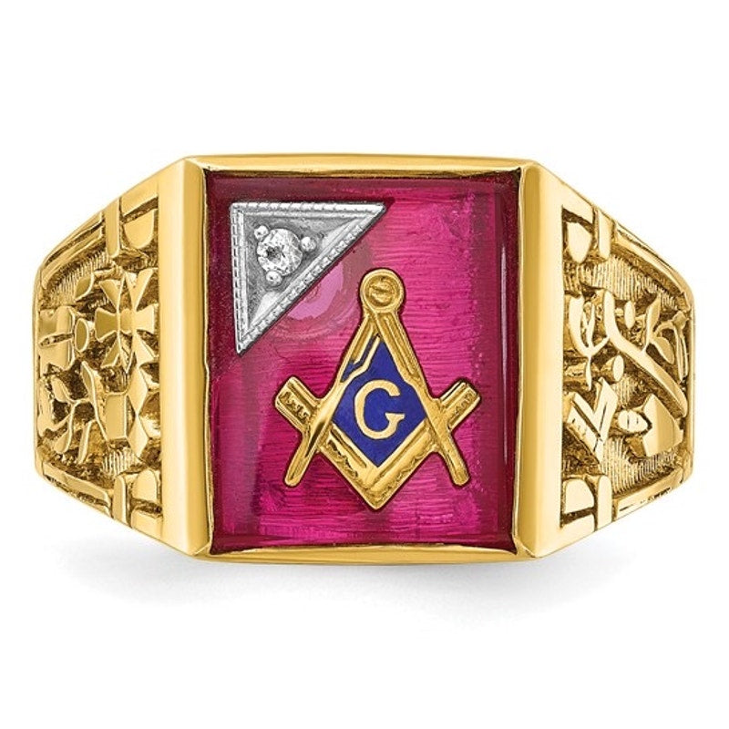 Men's 14k Gold Lab Created Ruby and Diamond Blue Lodge Master Masonic Ring