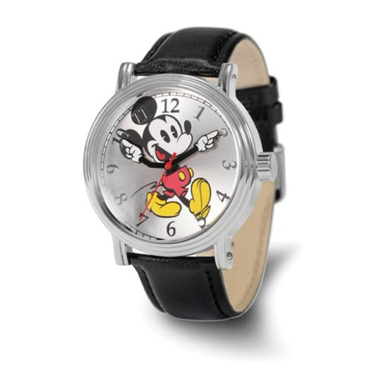 Disney Adult Mickey Mouse with Moving Hands Black Leather Band Watch