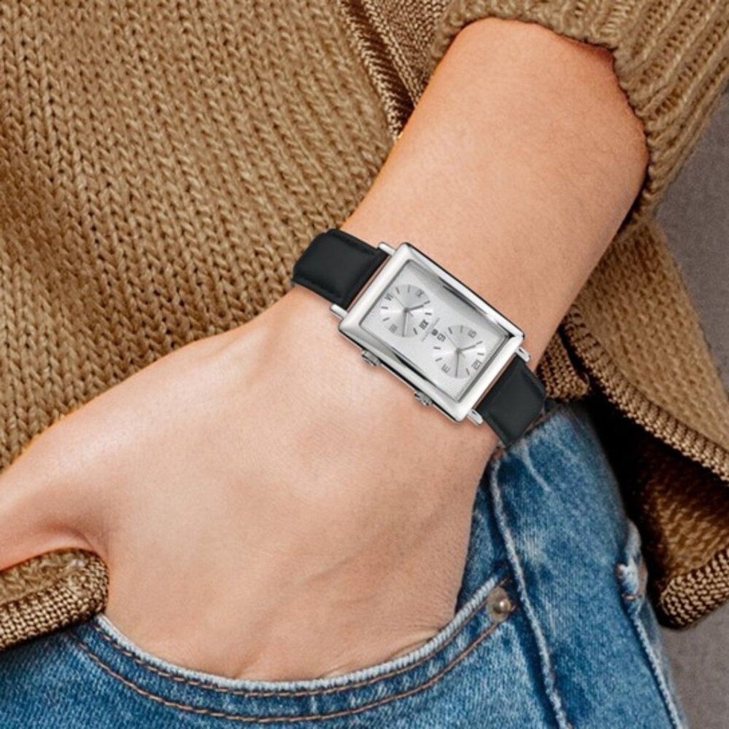 Charles Hubert Men's Dual Time Watch - Silver Dial - Black Leather Band - NEW