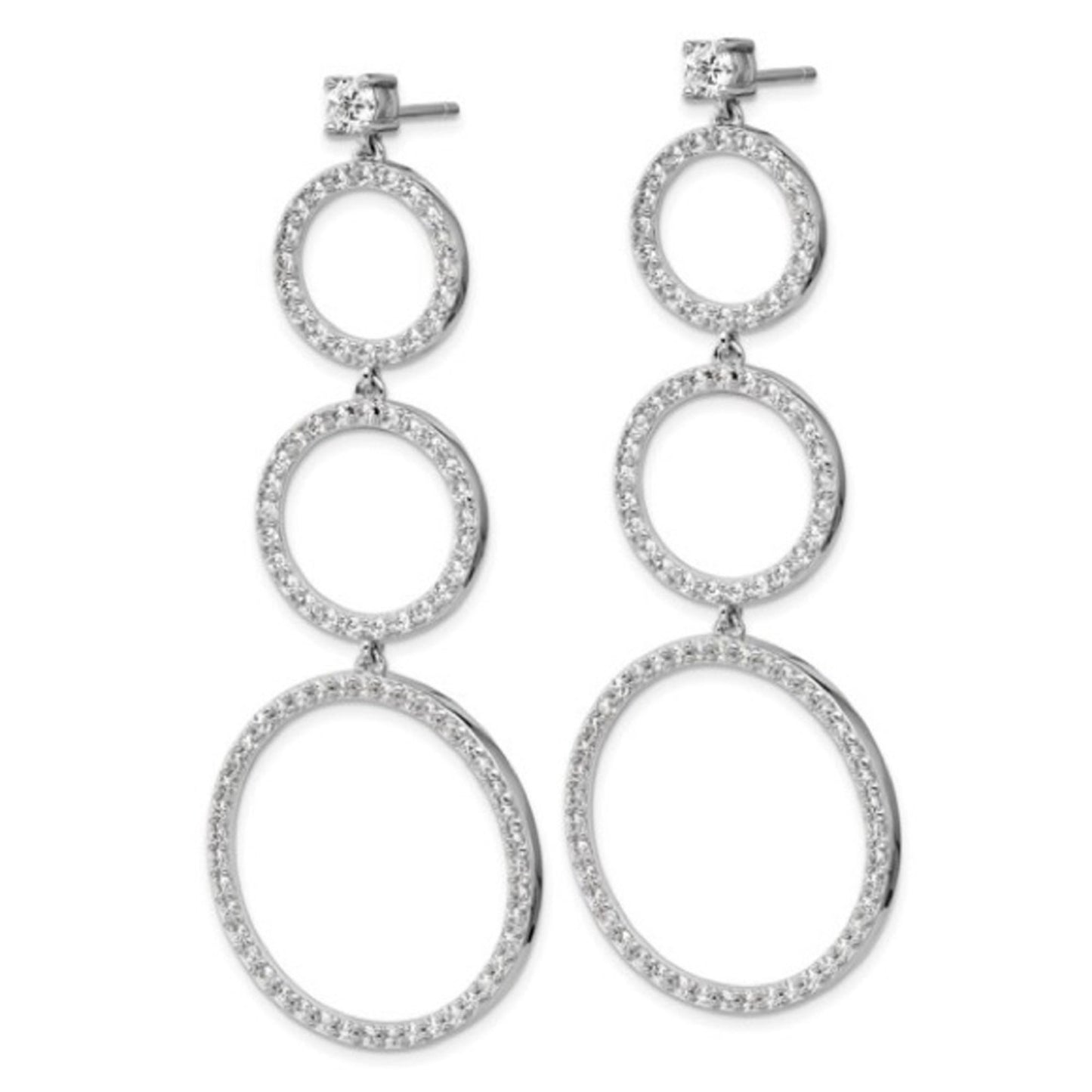Cheryl M Sterling Silver Rhodium-Plated Three CZ Circles Dangle Earrings