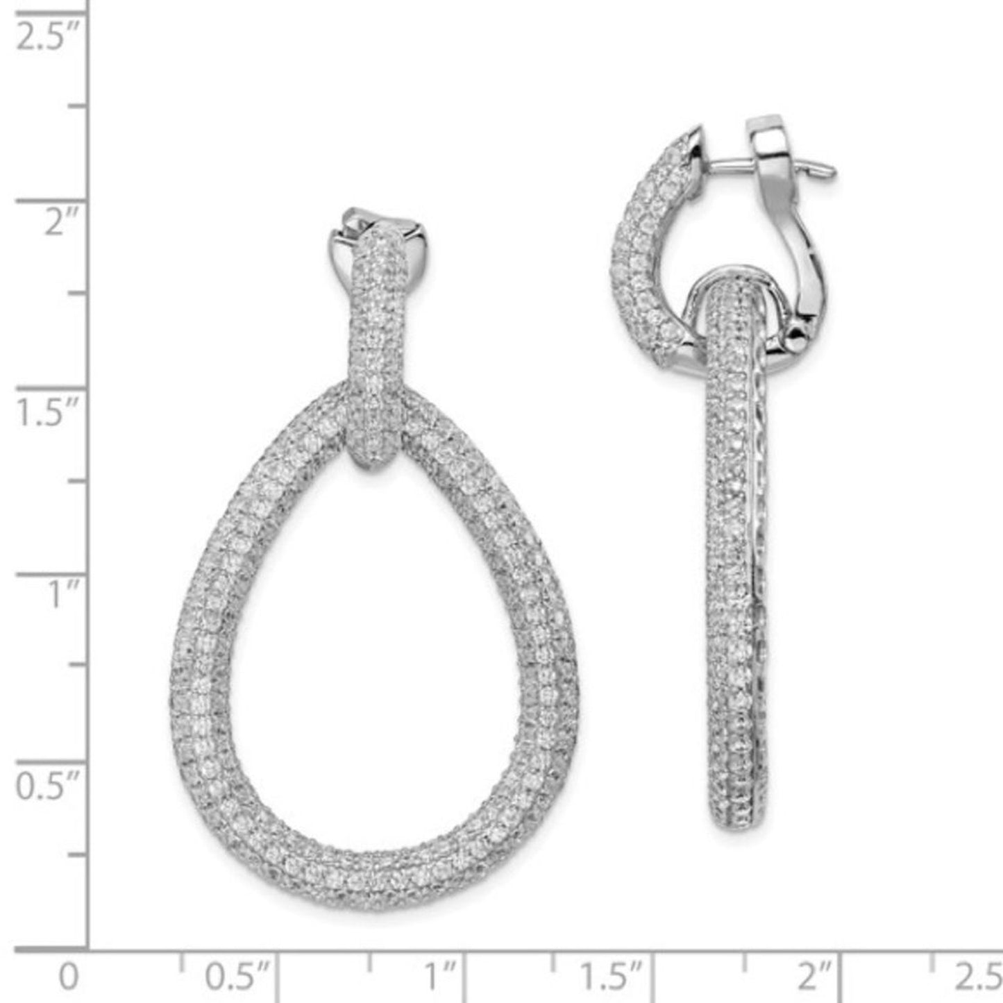 Sterling Silver Rhodium-plated 716 Stone Pavé CZ Hinged Teardrop Hoop Earrings