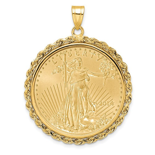 Wideband Distinguished Coin Jewelry 14k Polished Rope Mounted 1/2oz American Eagle Prong Coin Bezel Pendant