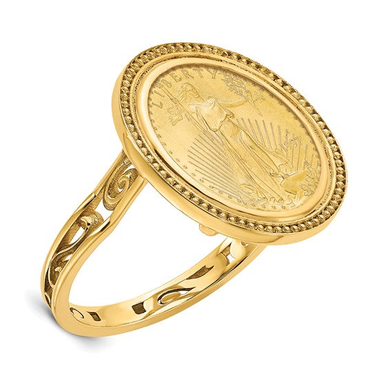 14k Gold Ladies' Ring with Polished, Beaded Mount and American Eagle Coin Bezel