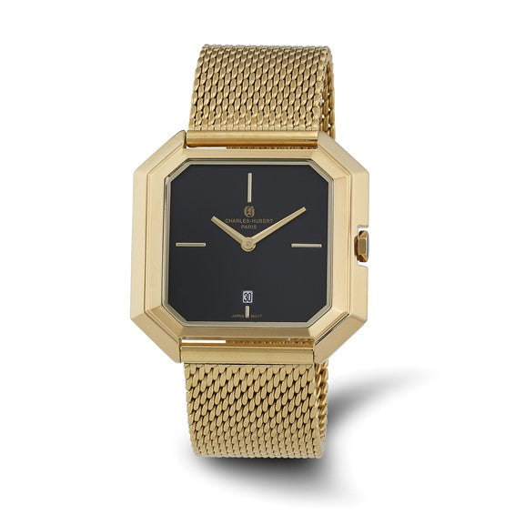 Mens Charles Hubert IP-Plated Stainless Steel Mesh Watch (Black Dial)