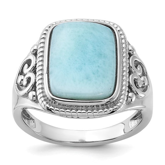 Sterling Silver Rhodium-Plated Oxidized Rectangular Larimar Ring – Filigree Design (Size 7)