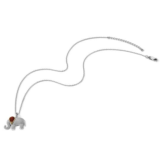Sterling Silver & 14K Yellow Gold Elephant Pendant Necklace with Genuine Garnet and Diamond Accent