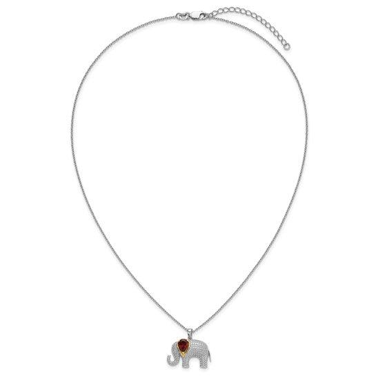 Sterling Silver & 14K Yellow Gold Elephant Pendant Necklace with Genuine Garnet and Diamond Accent