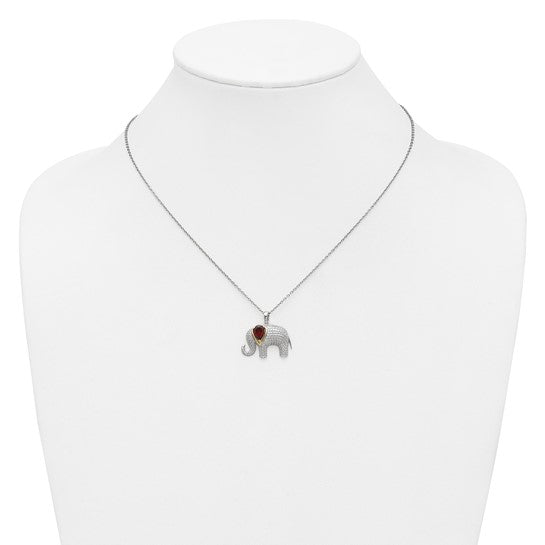 Sterling Silver & 14K Yellow Gold Elephant Pendant Necklace with Genuine Garnet and Diamond Accent