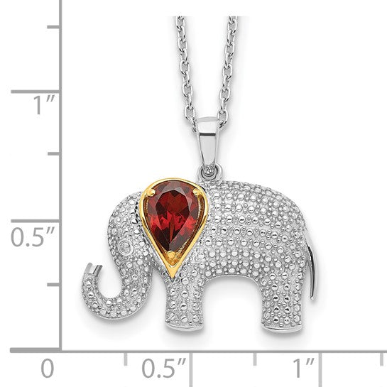Sterling Silver & 14K Yellow Gold Elephant Pendant Necklace with Genuine Garnet and Diamond Accent