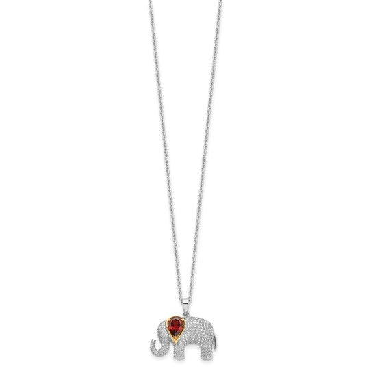 Sterling Silver & 14K Yellow Gold Elephant Pendant Necklace with Genuine Garnet and Diamond Accent