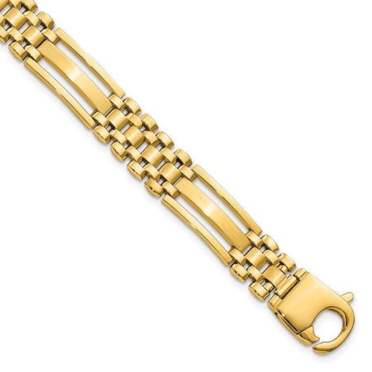14K Yellow Gold 10mm Polished & Satin Fancy Bar Link Men’s Bracelet – 8.75” Italian Made