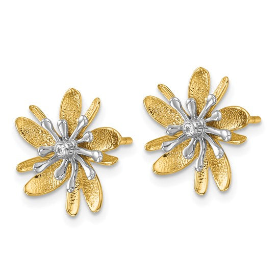 Herco 14K Two-tone Polished and Textured Diamond Flower Post Earrings