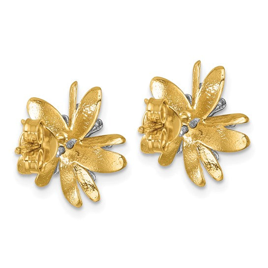 Herco 14K Two-tone Polished and Textured Diamond Flower Post Earrings