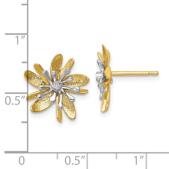 Herco 14K Two-tone Polished and Textured Diamond Flower Post Earrings