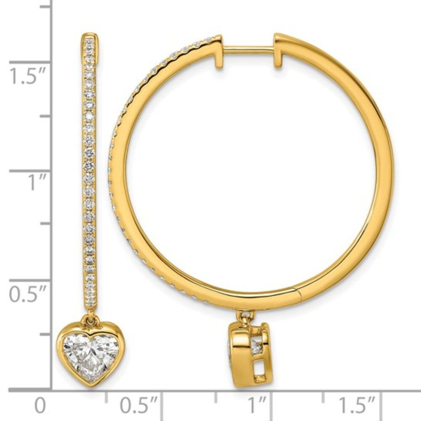 Certified 14k Gold Heart Bezel Lab Grown Diamond Dangle Hoops VS/F+