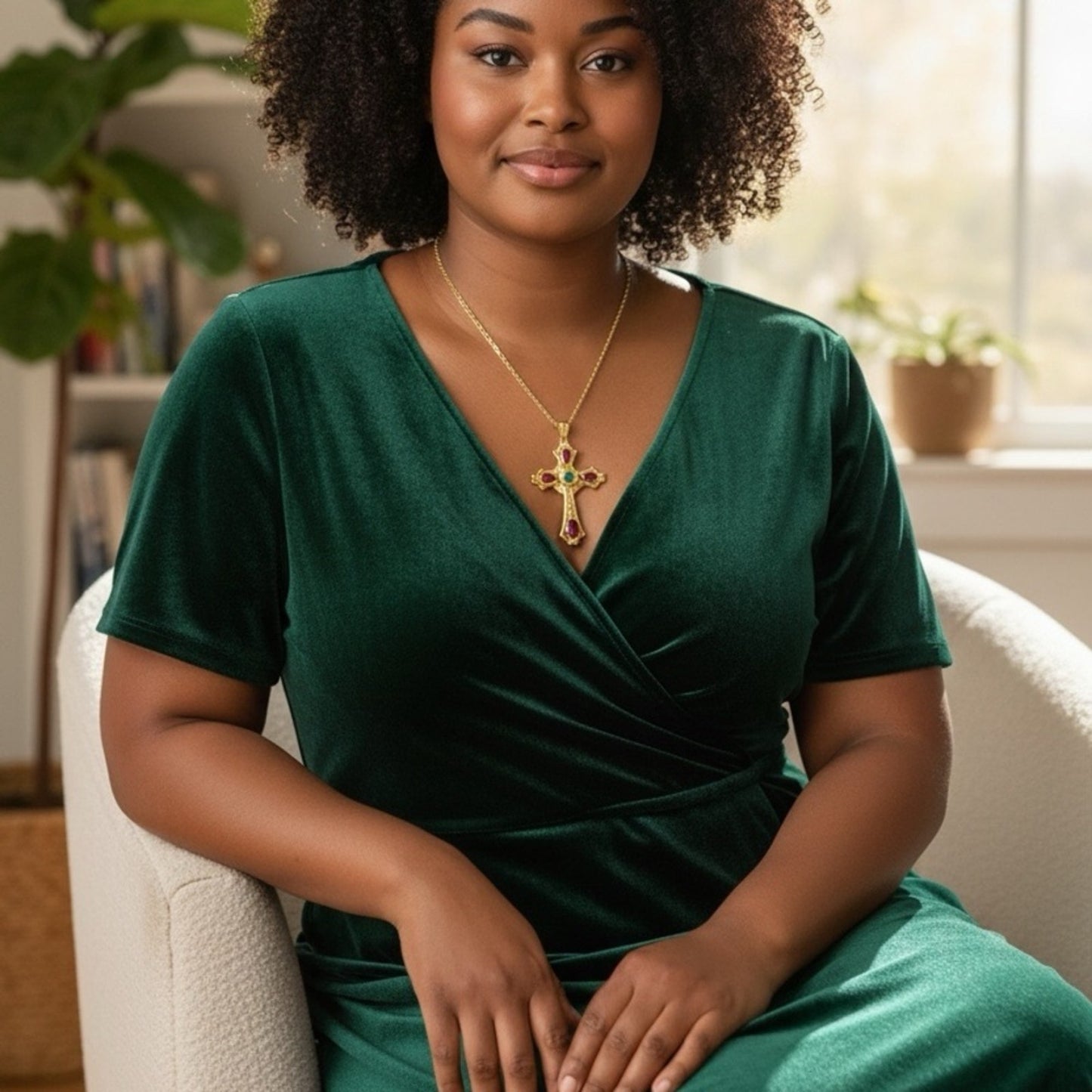 Vintage  14k Yellow Gold Cross with Rubies and Emerald