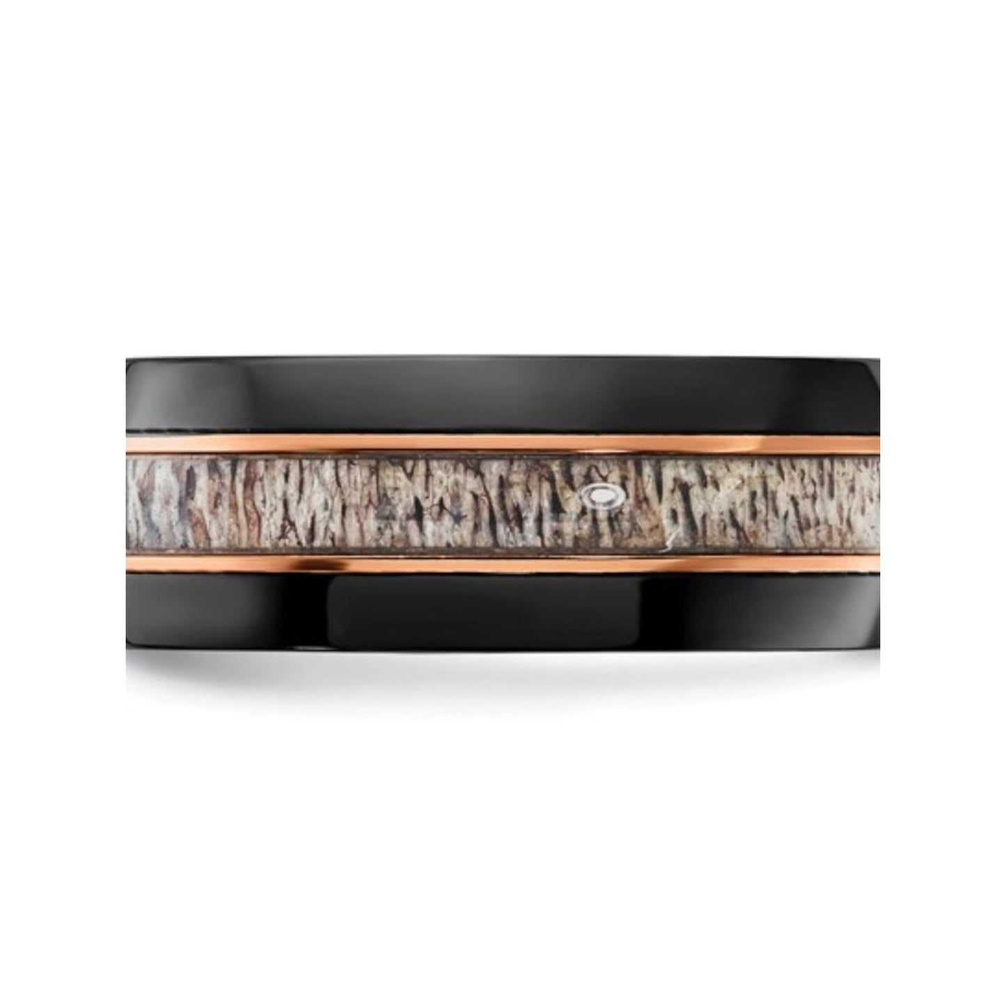 Chisel Black Zirconium Ring 8mm Band Rose Gold Accents & Real Antler Inlay