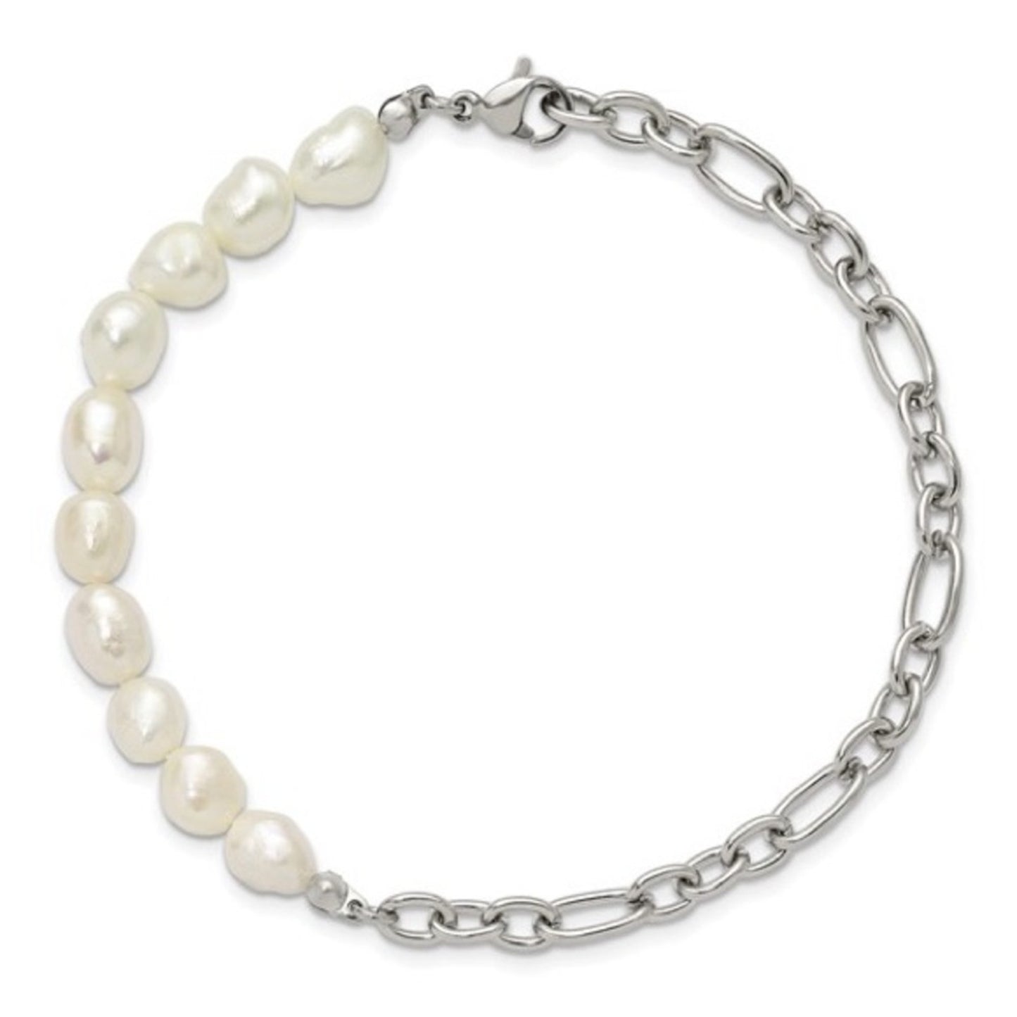 Chisel Stainless Steel Polished Half White Freshwater Cultured Pearl Bracelet
