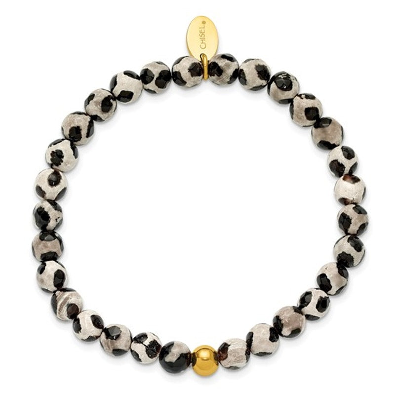 Chisel Stainless Steel Yellow IP-Plated Black Spot Agate Beaded Bracelet – 6.25” Stretch
