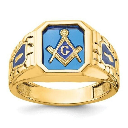 10k Yellow Gold Lab Created Sapphire Masonic Ring