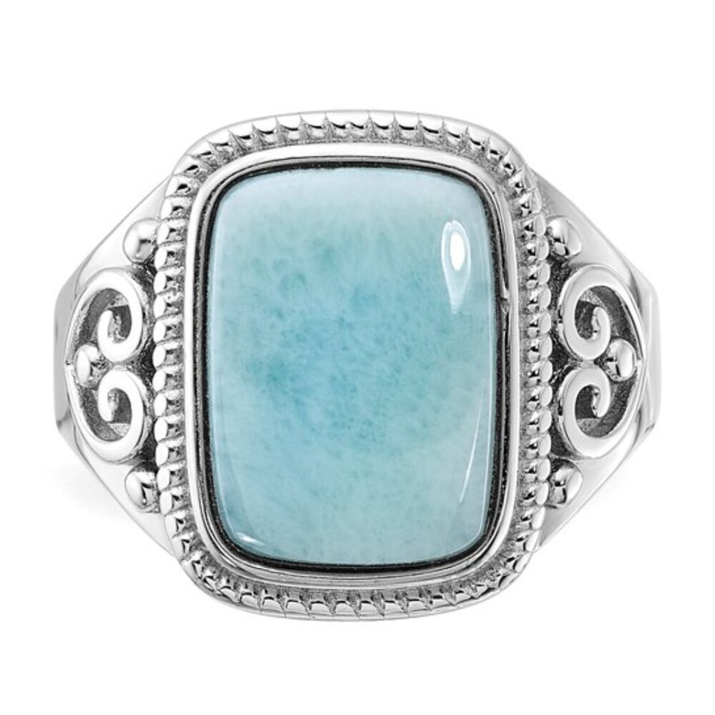 Sterling Silver Rhodium-Plated Oxidized Rectangular Larimar Ring – Filigree Desi