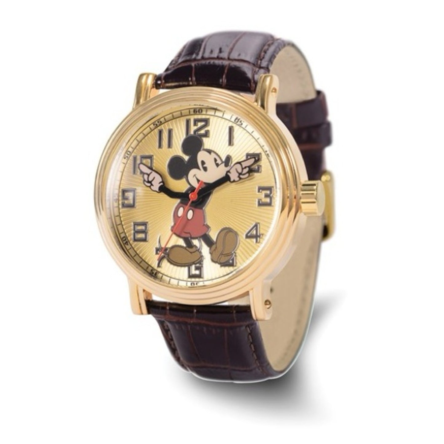 Disney Adult Mickey Mouse Gold-tone with Moving Hands Brown Leather Band Watch