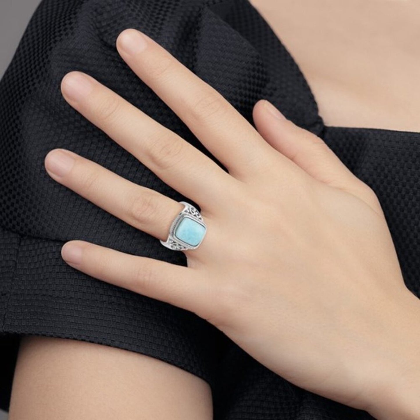 Sterling Silver Rhodium-Plated Oxidized Rectangular Larimar Ring – Filigree Desi