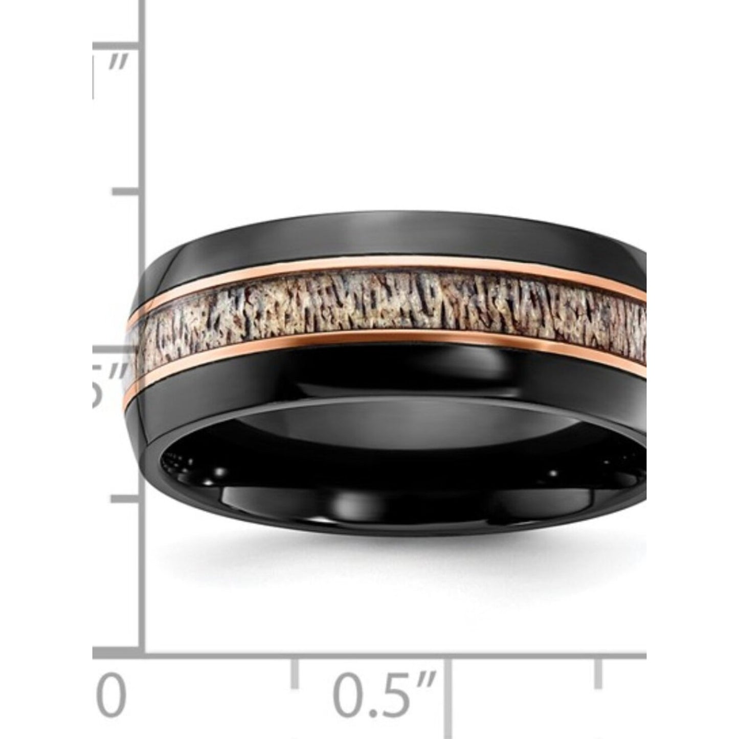 Chisel Black Zirconium Ring 8mm Band Rose Gold Accents & Real Antler Inlay