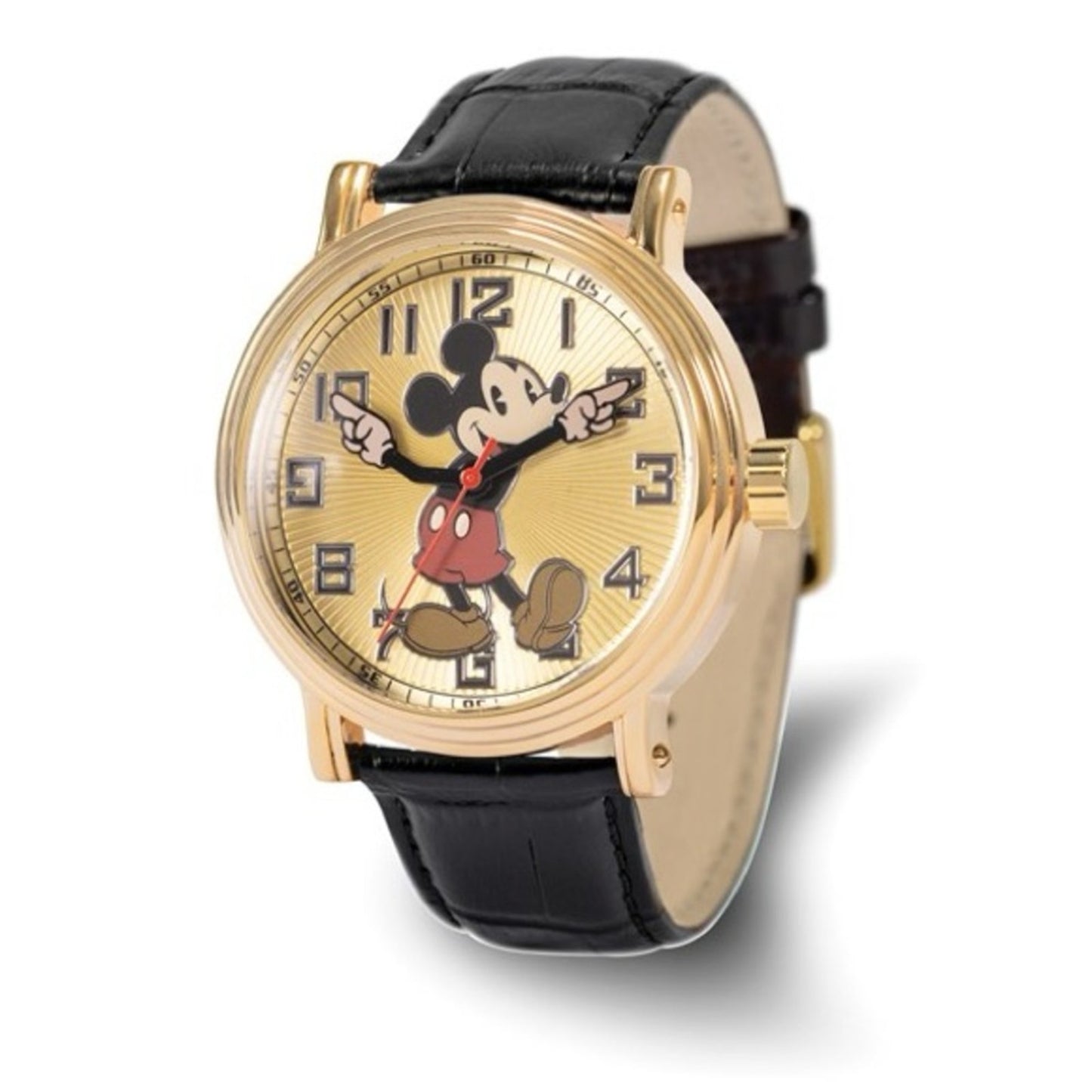 Disney Adult Mickey Mouse Gold-tone with Moving Hands Black Leather Band Watch