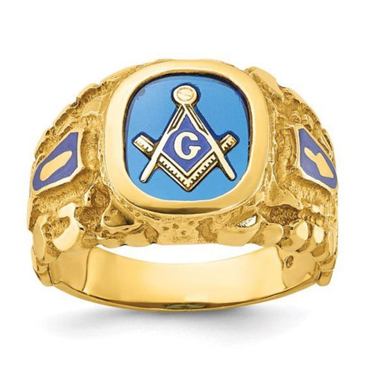 10K Polished and Textured Blue Enamel Created Sapphire Masonic Master Men's Ring